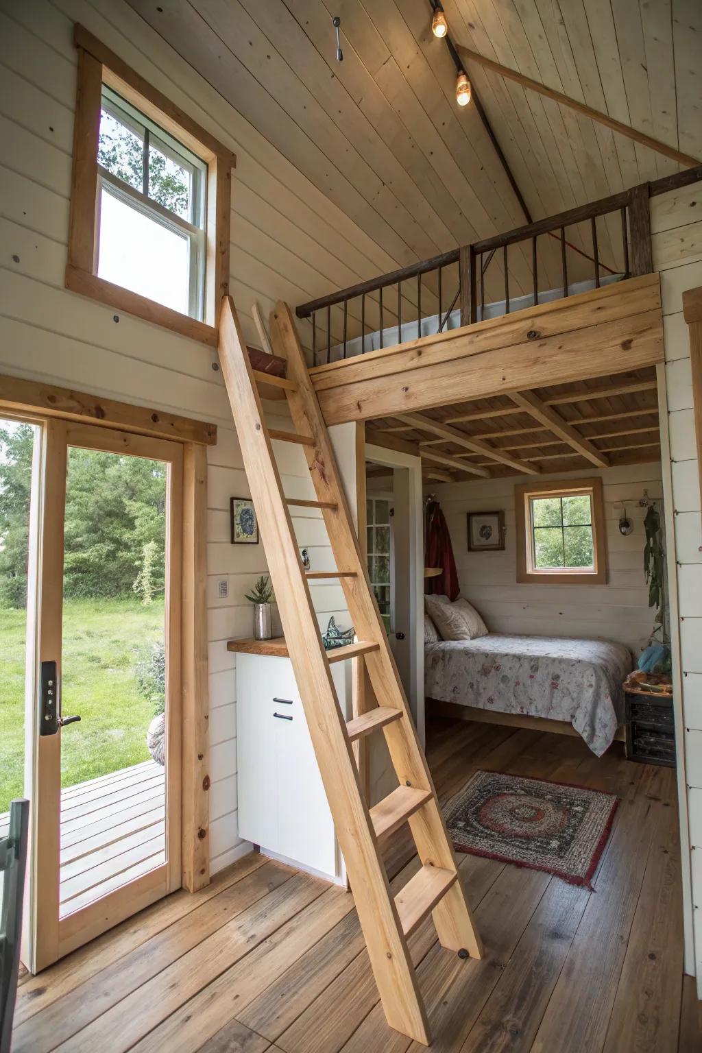 A shed home showcasing a loft bedroom accessed by a ladder, maximizing vertical space.