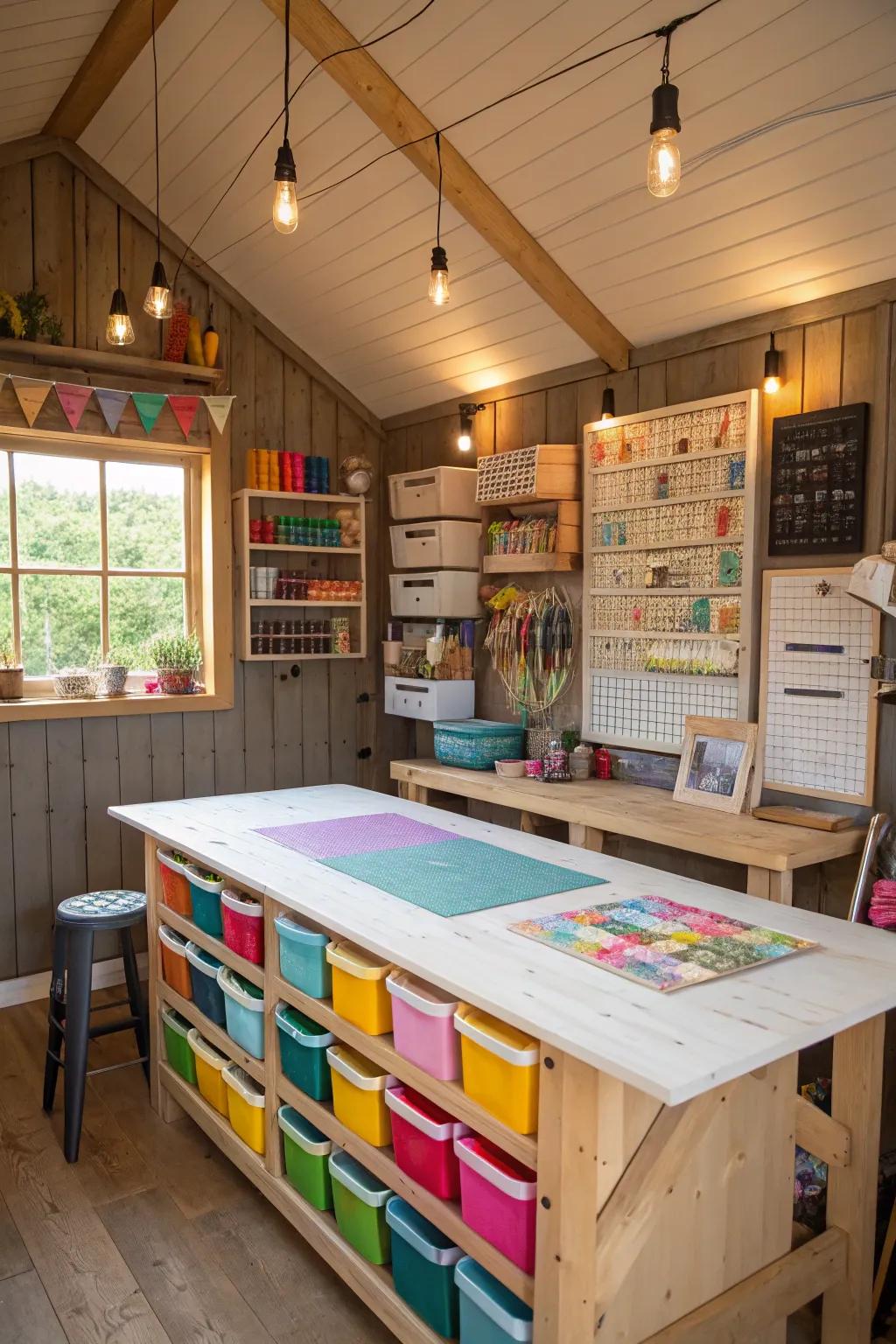 A crafting haven shed with organized supplies and a spacious worktable for creative projects.