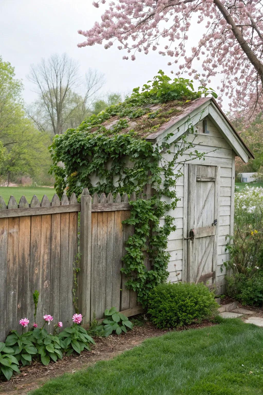 A shed blends effortlessly with its surroundings, nestled against a rustic wooden fence.