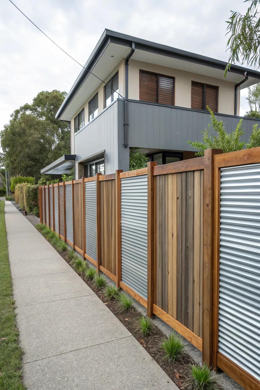 The harmonious mix of rolled steel and wood crafts an elegant boundary.