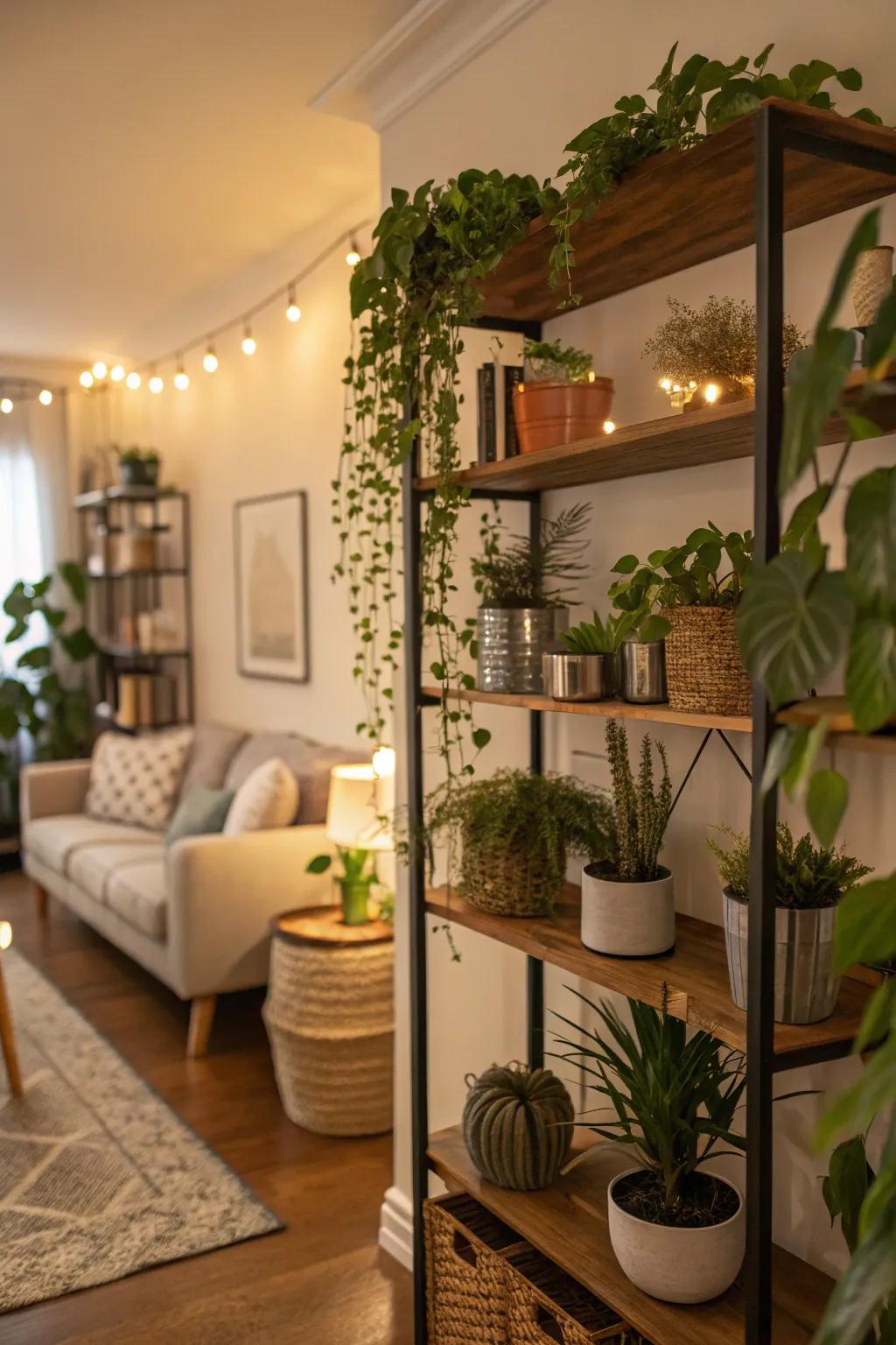 Lush greenery transforms shelves into a lively and inviting space.