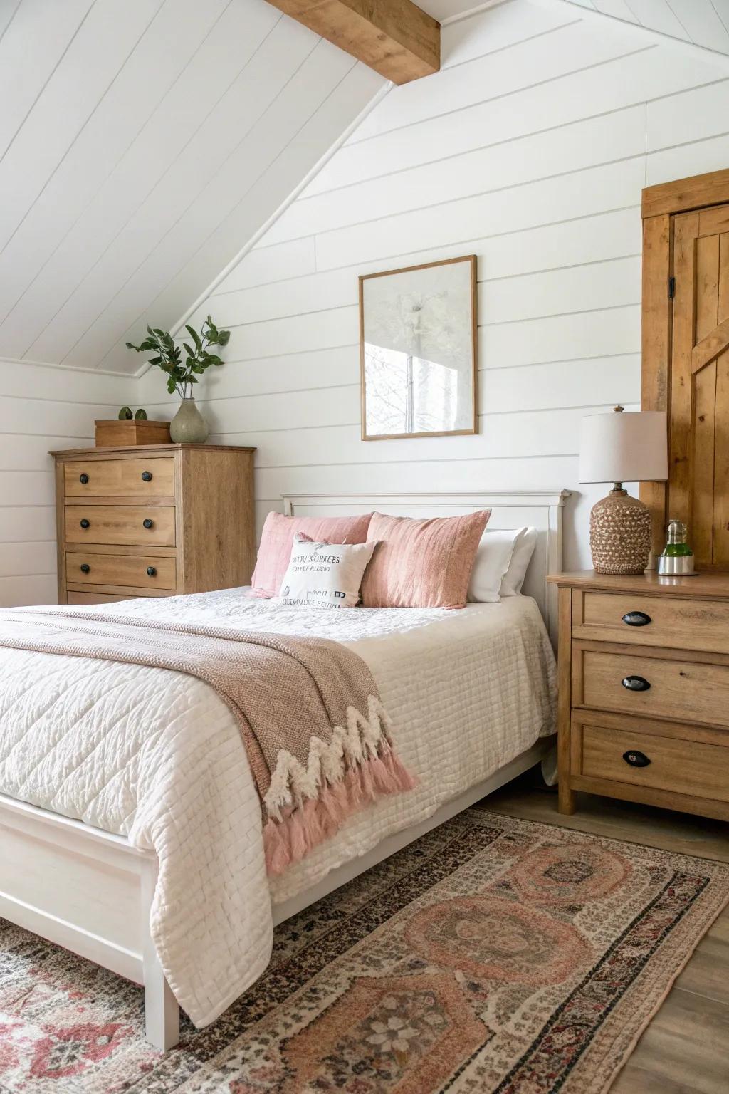 A timeless plank wall in white crafts a serene personal space getaway.