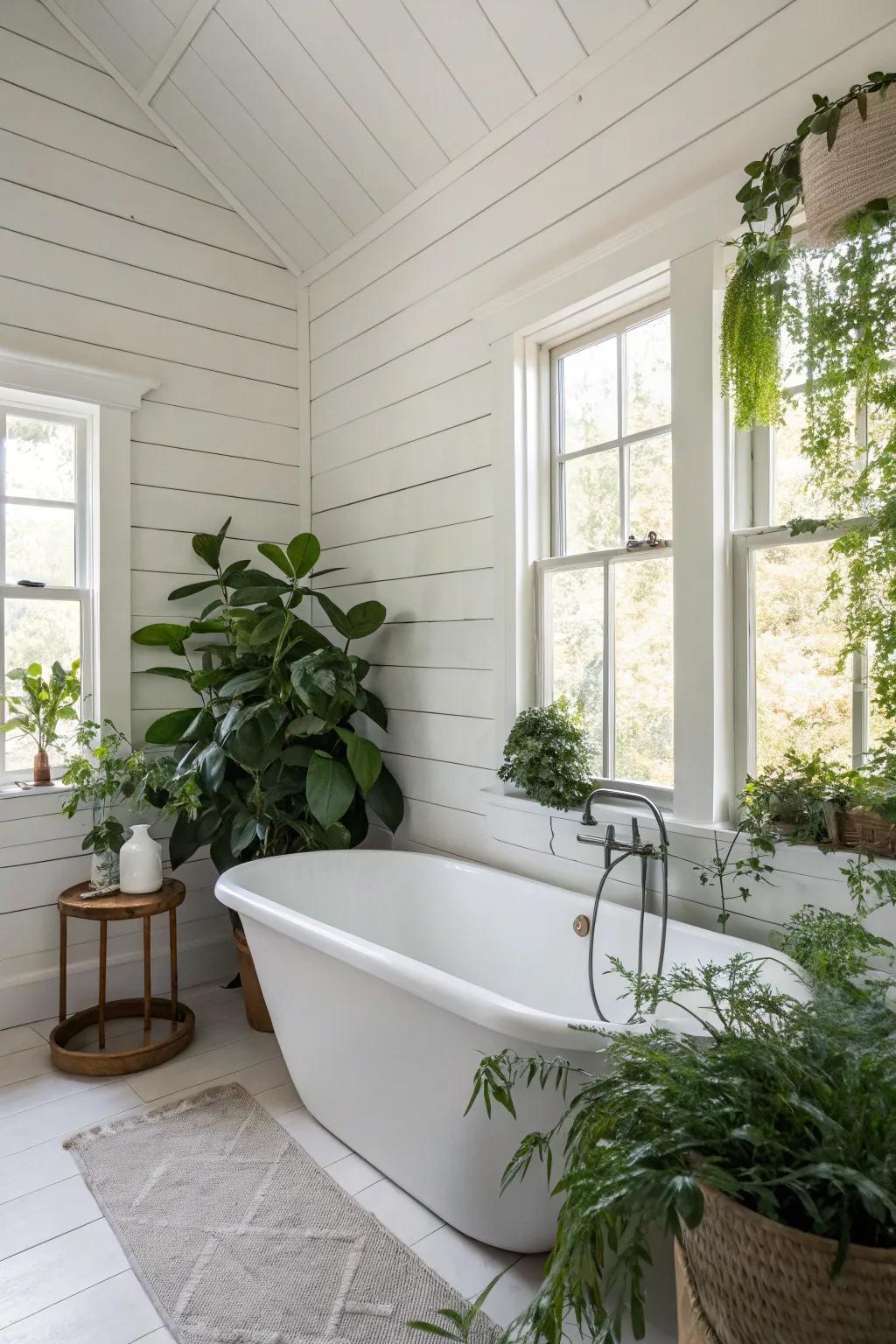 A bathroom with white shiplap walls and a freestanding tub.