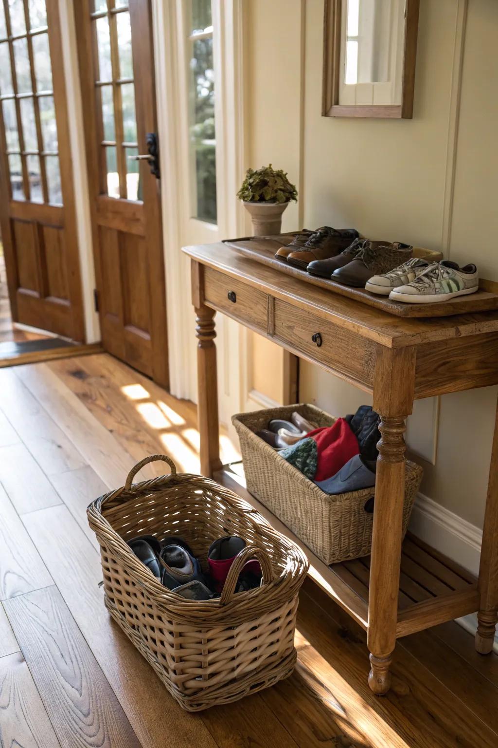 Wicker baskets offer a rustic charm while organizing shoes efficiently.