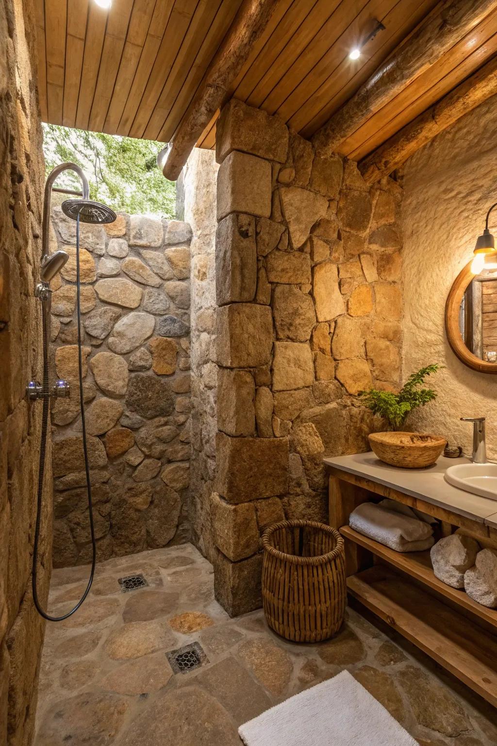 Natural stone walls bring a rustic charm to your shower space.