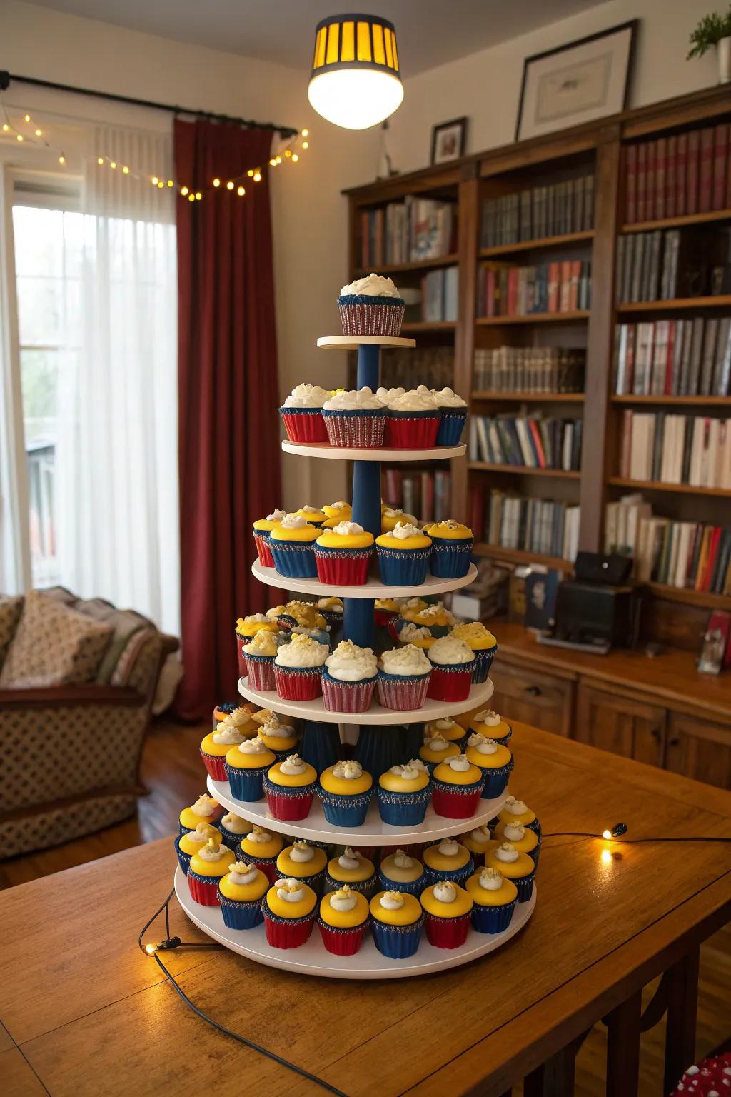 A stunning cupcake tower in school colors, perfect for a graduation celebration.