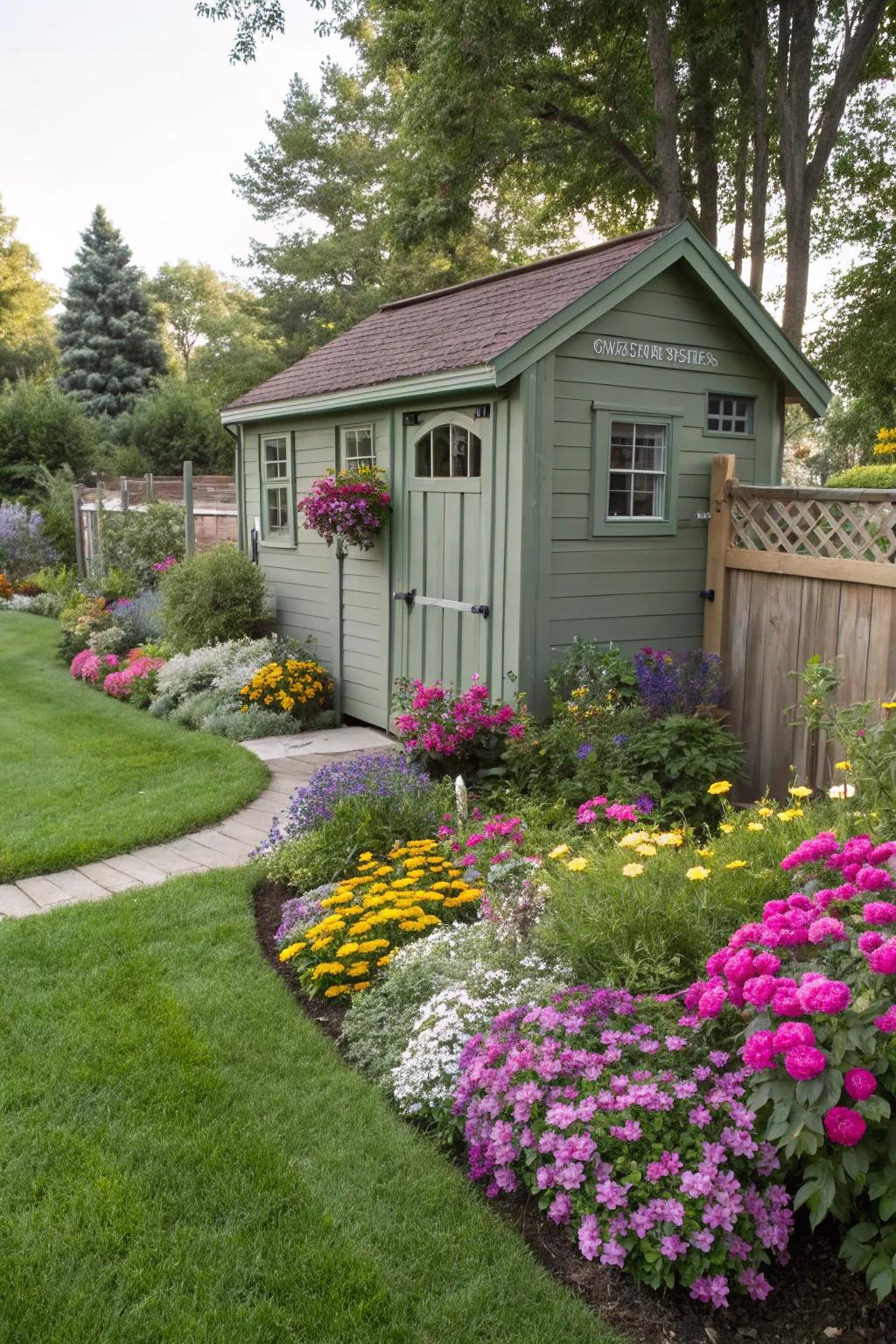 A vibrant flower bed can instantly uplift the look of your shed.