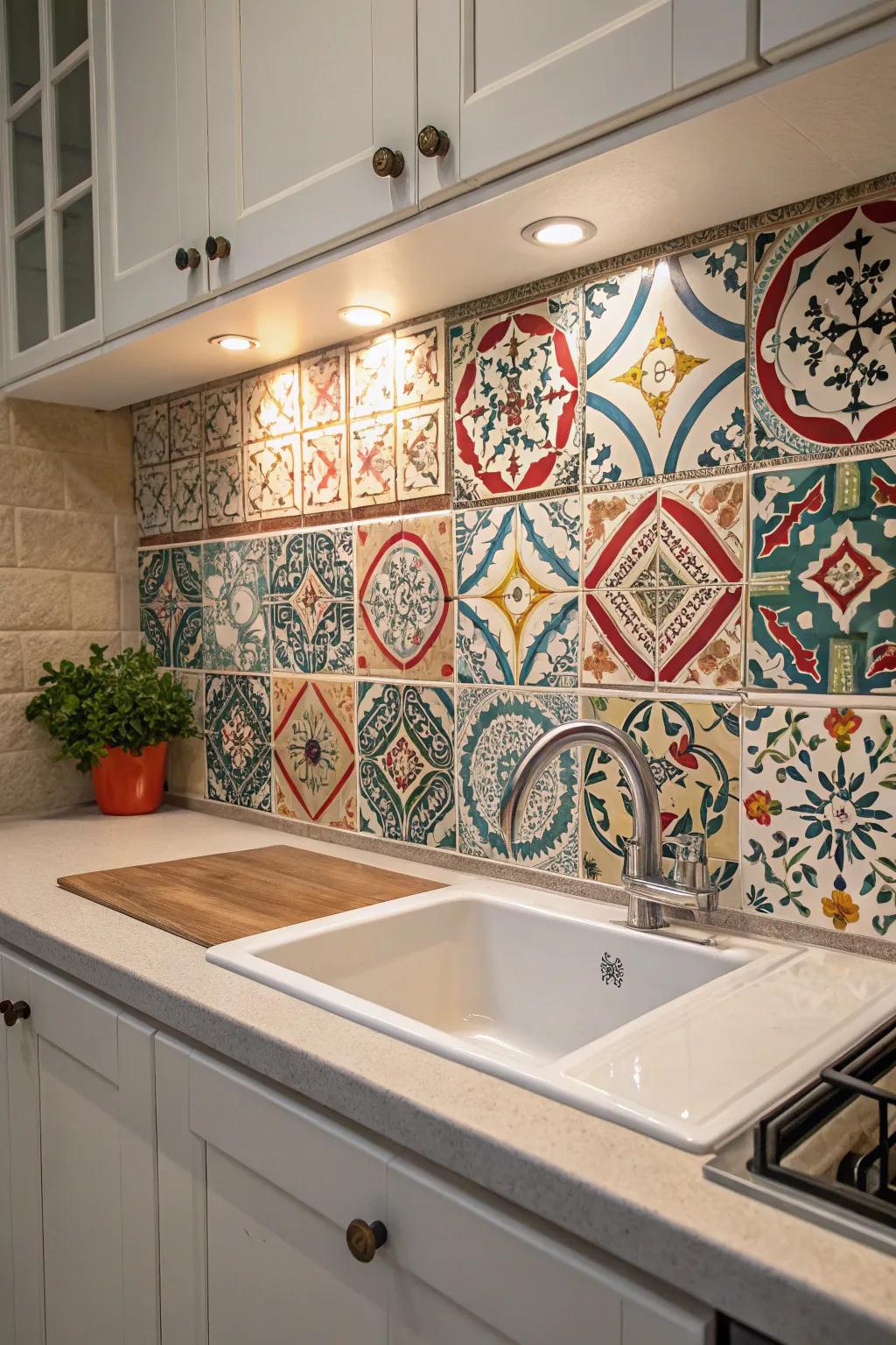 A vibrant backsplash with intricate patterned tiles adds character to the kitchen.