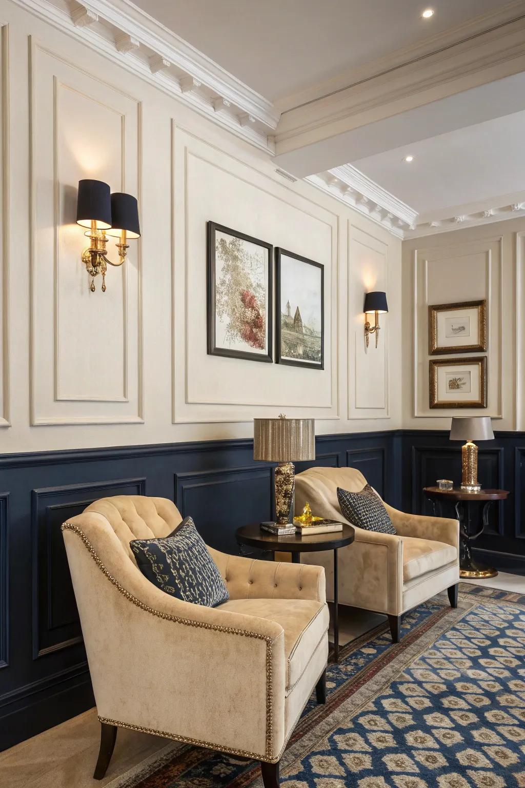 Deep navy skirting boards create a bold contrast against cream walls.