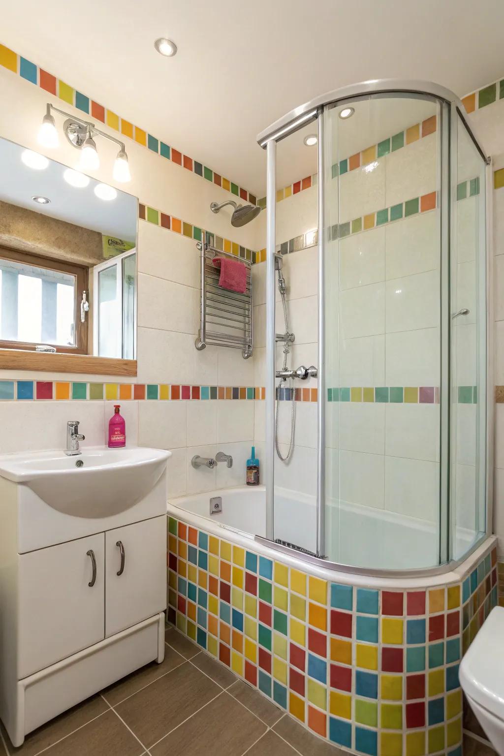 A corner bath enhances space efficiency in a compact bathroom.