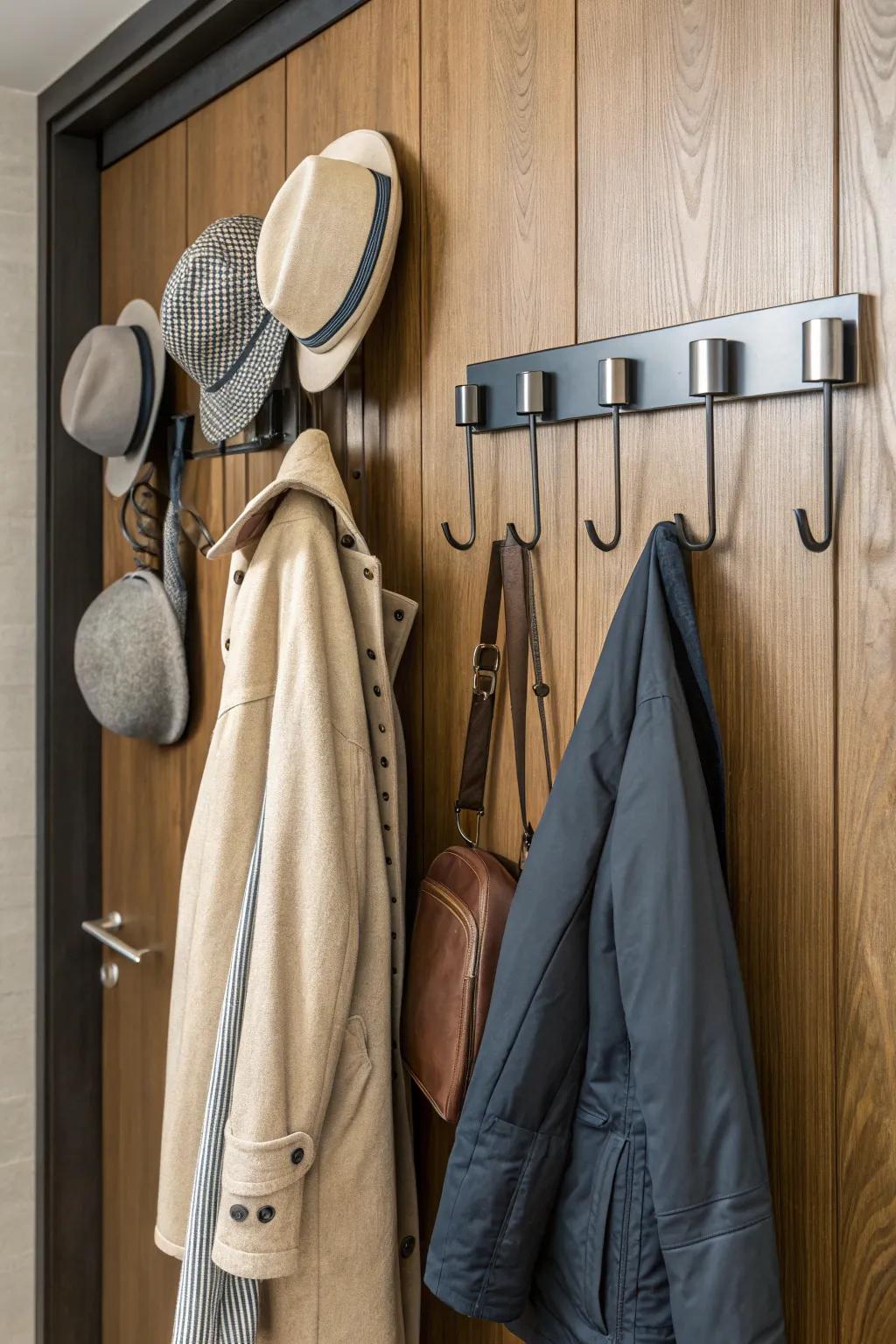 Wall hooks keeping the entryway neat and functional.