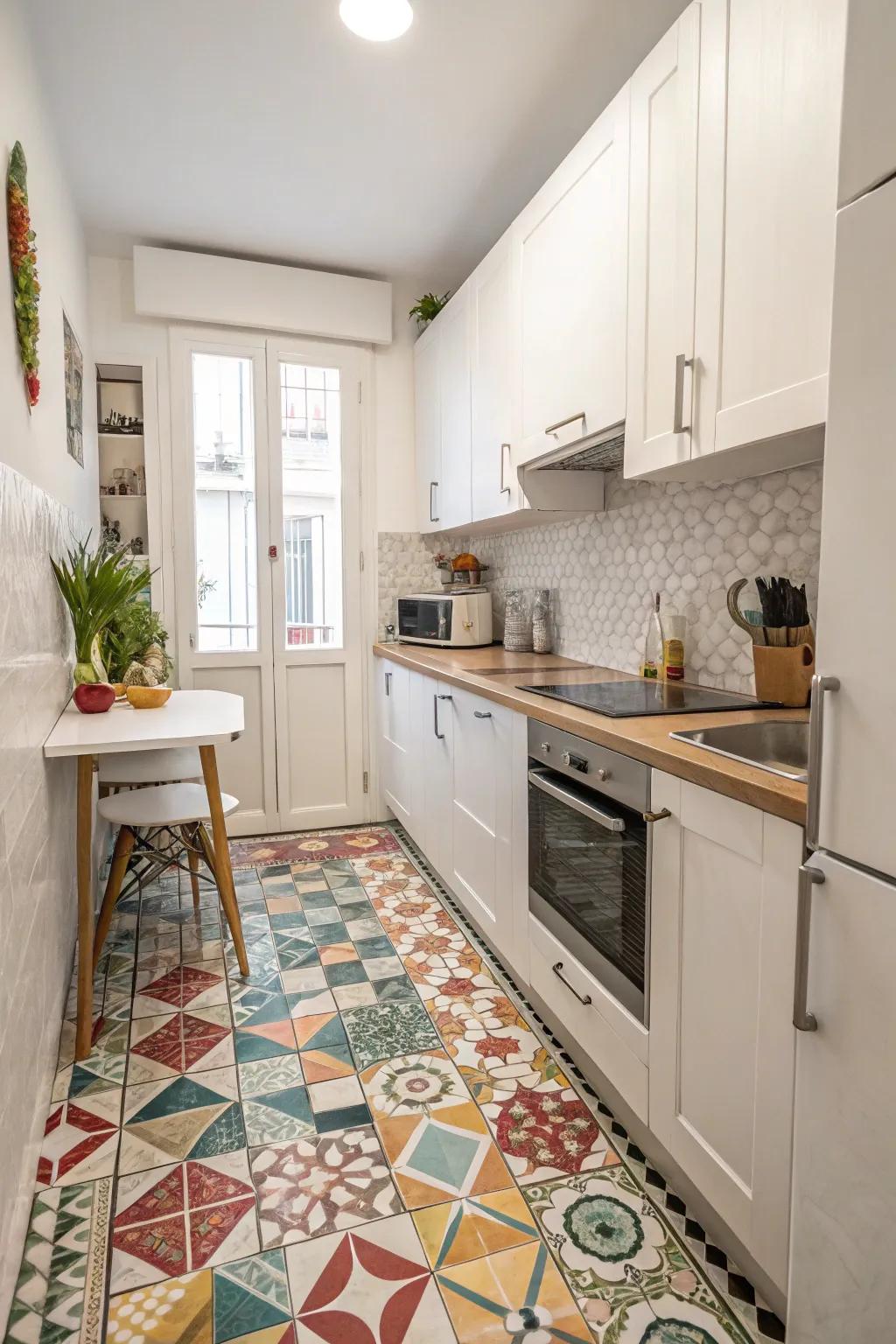 Tiles with geometric patterns give vitality to small areas.