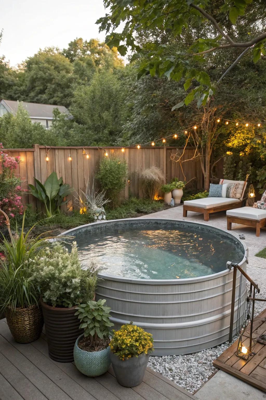 A budget-friendly stock tank pool nestled among vibrant greenery.