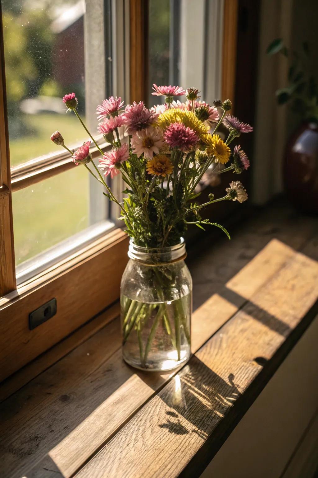 Untamed blossoms in a preservation pot inject a homespun appeal into any cooking space.