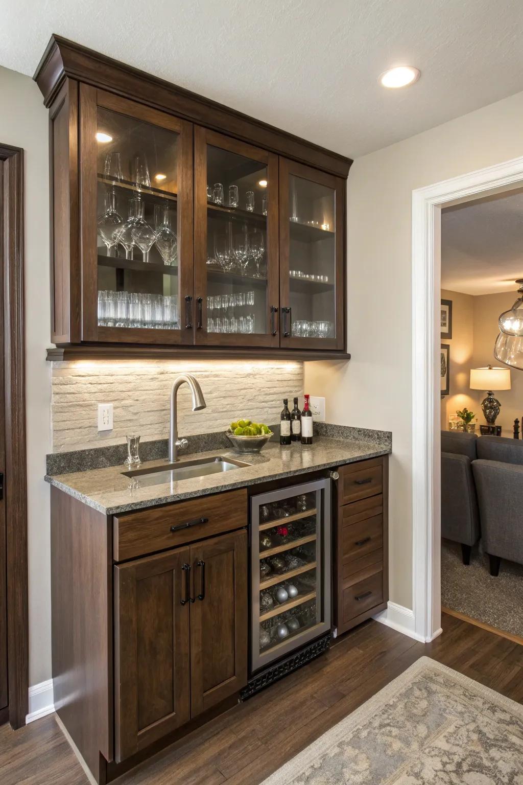 Compact cabinetry in a small wet bar for efficient storage.