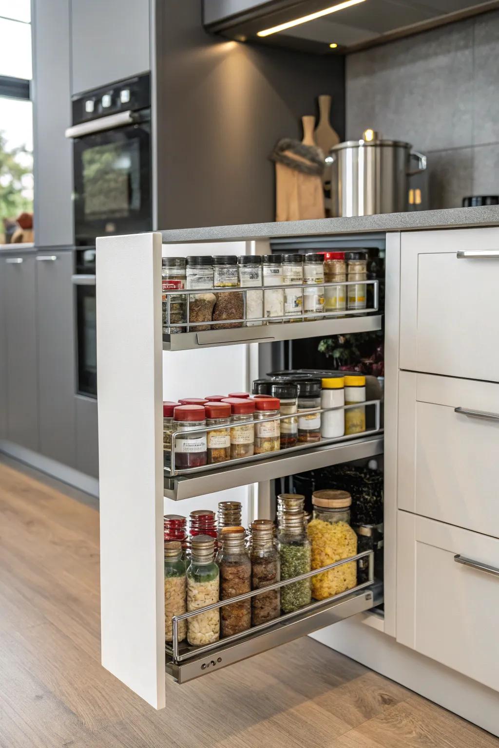 Pull-out spice rack making spices easily accessible in a kitchen cabinet.