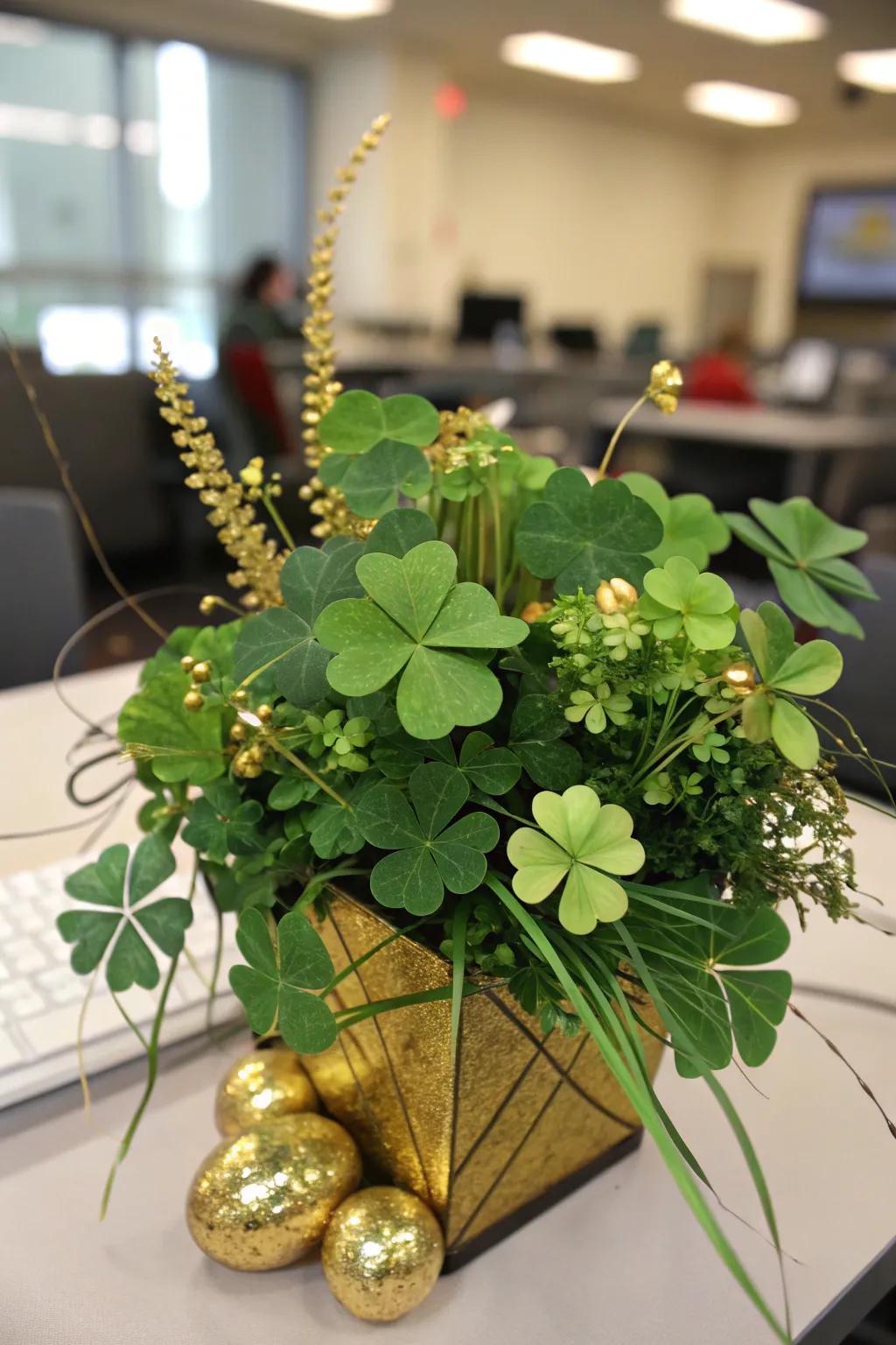 A beautiful shamrock centerpiece brings St. Patrick's cheer to the office.