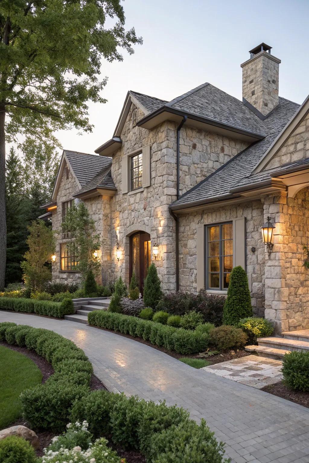 A house transformed into a stone fortress with all-over stacked stone siding.