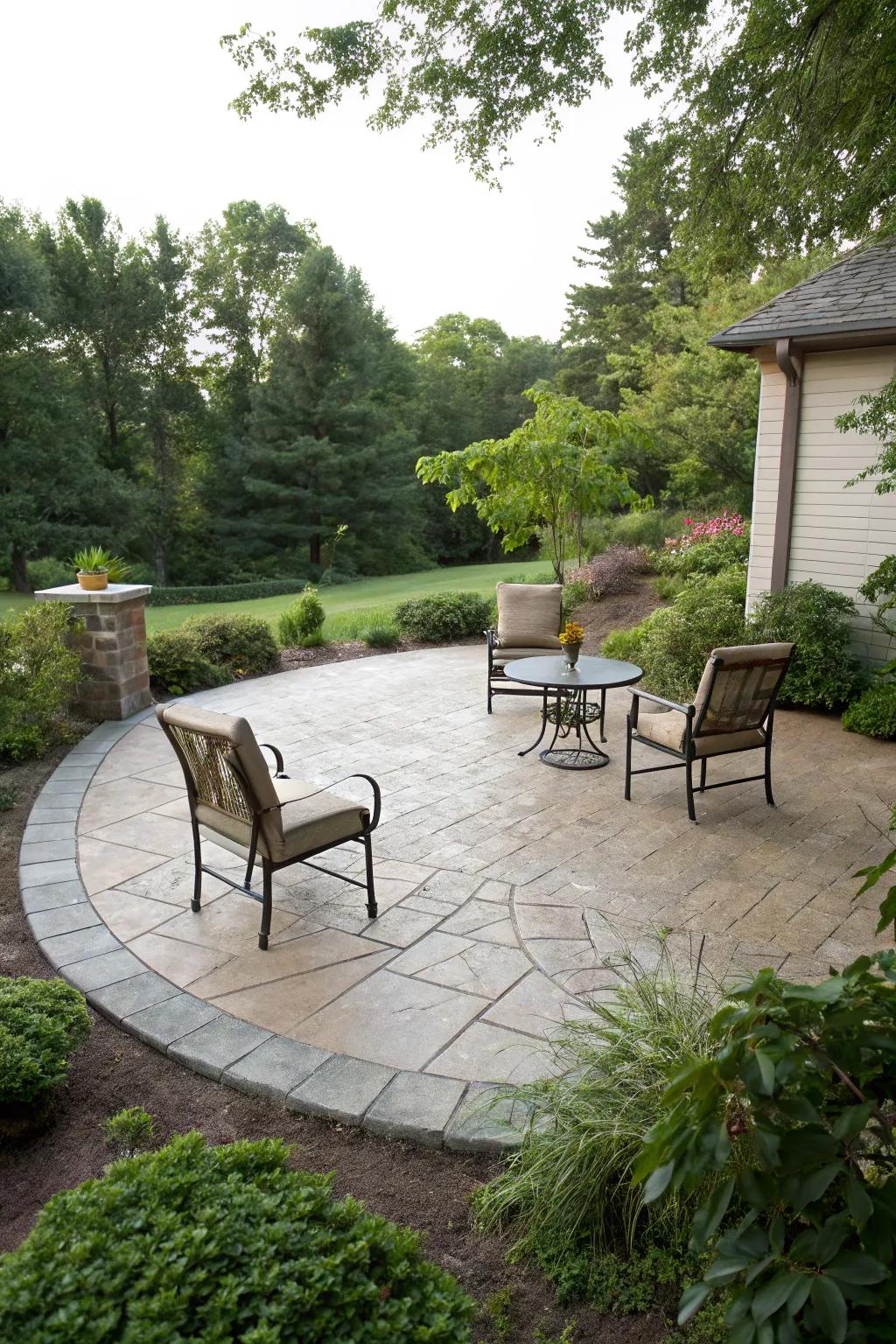 A round stamped concrete patio offering a warm escape.