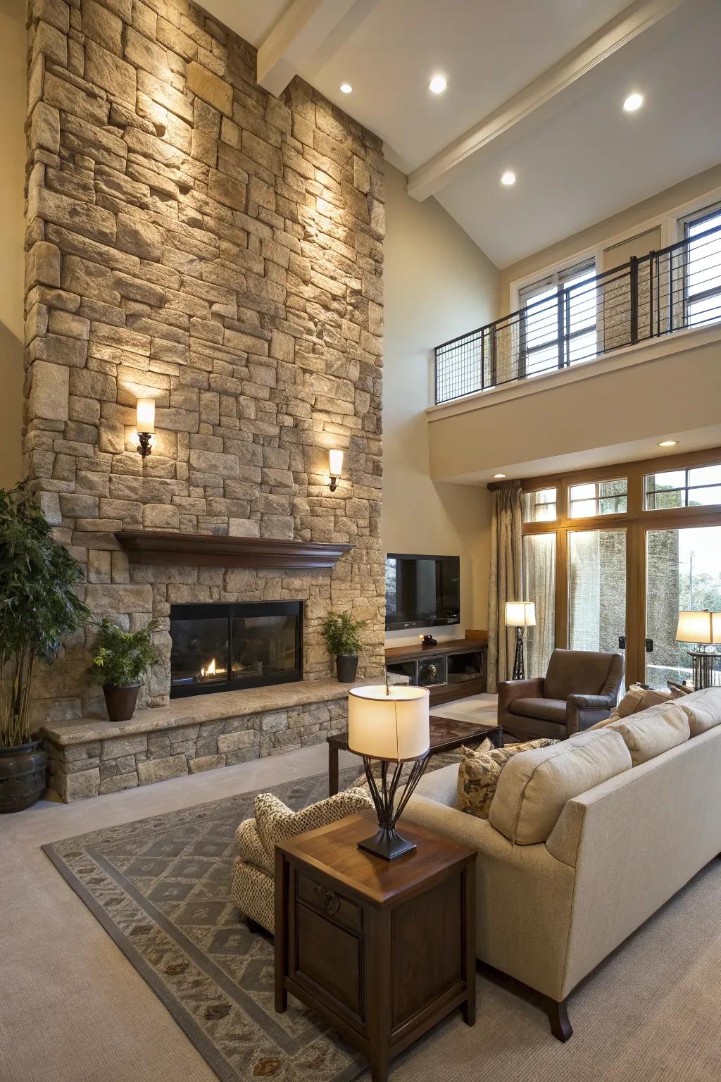 A living room transformed by a textured stone accent wall.