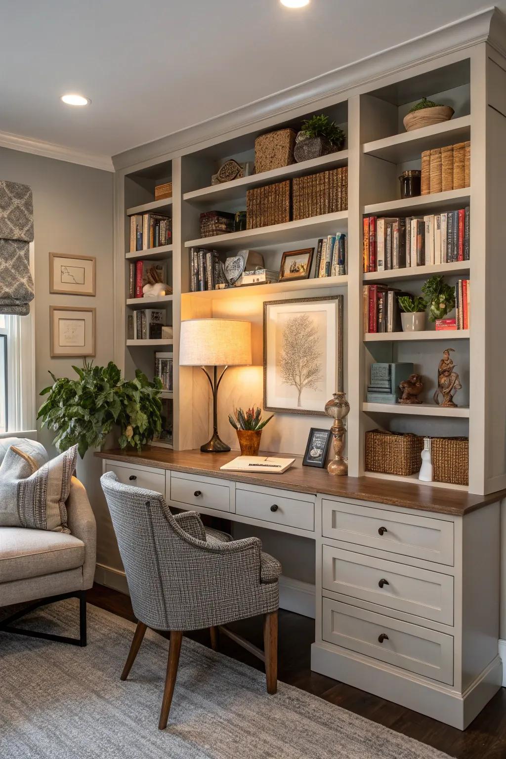 Built-in bookshelves provide a seamless blend of storage and workspace.