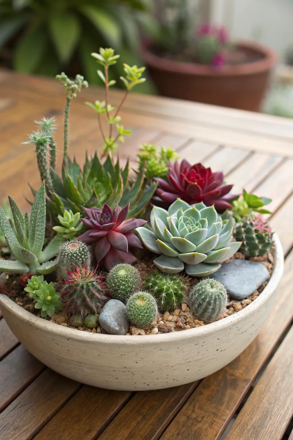 A combination of rosette and trailing succulents alongside petite cacti in a container setup.