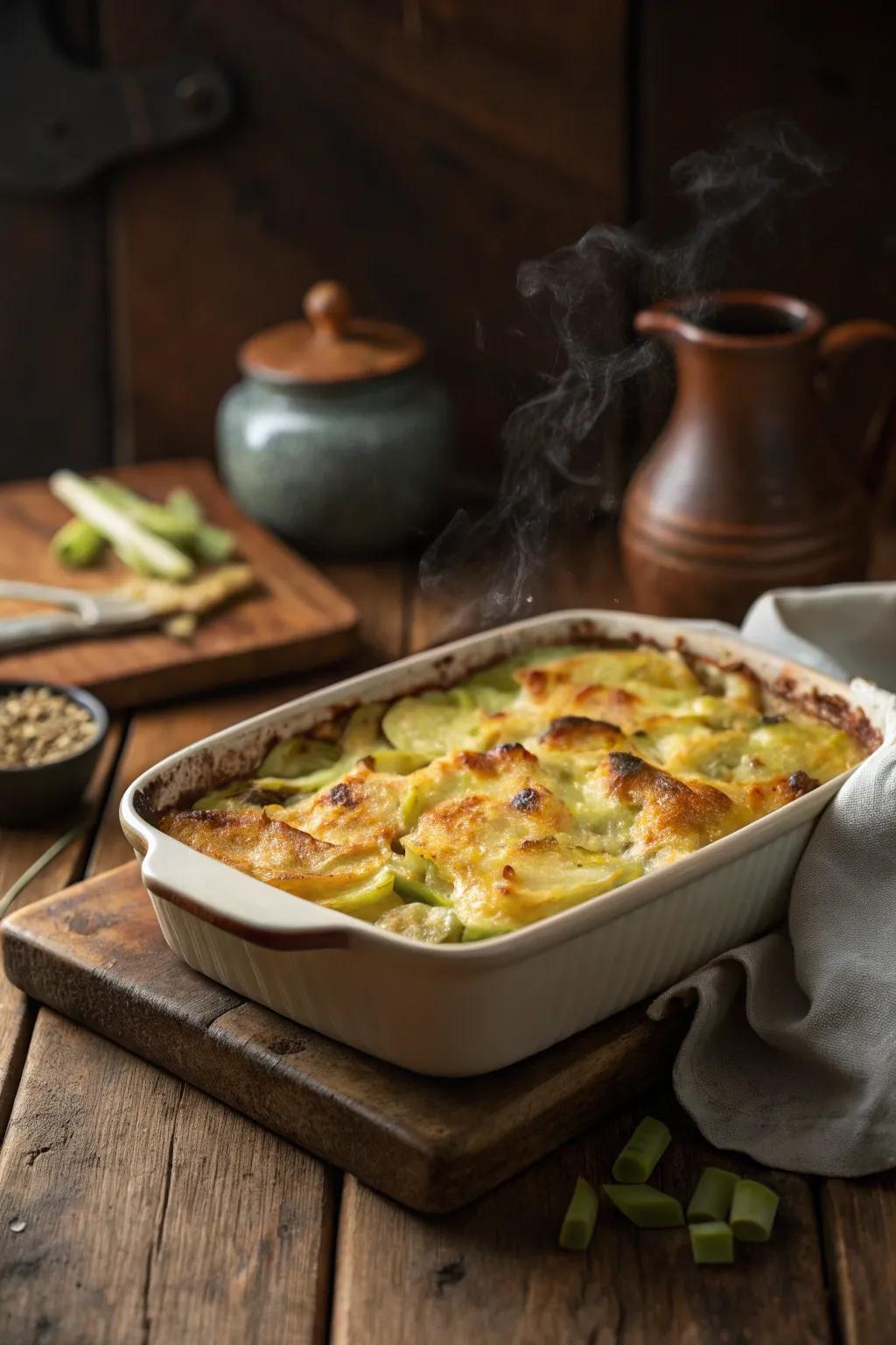 Golden-brown cheesy potato and leek bake, perfect for a cozy Sunday.