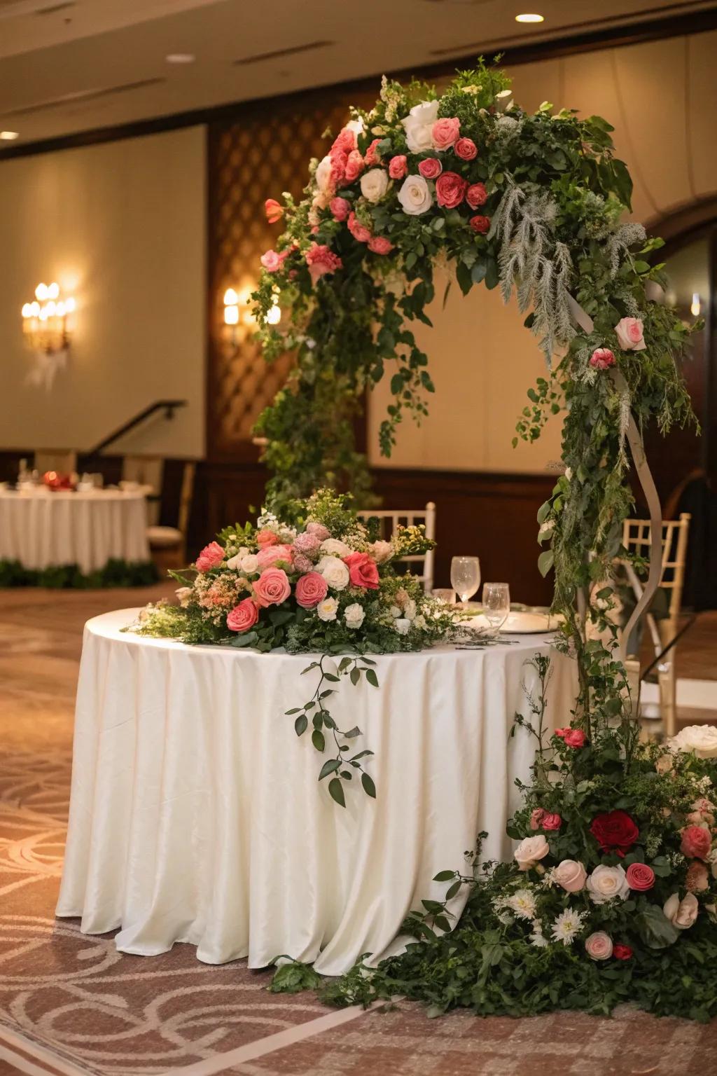 A sweetheart table surrounded by vibrant floral arrangements for a garden-like feel.