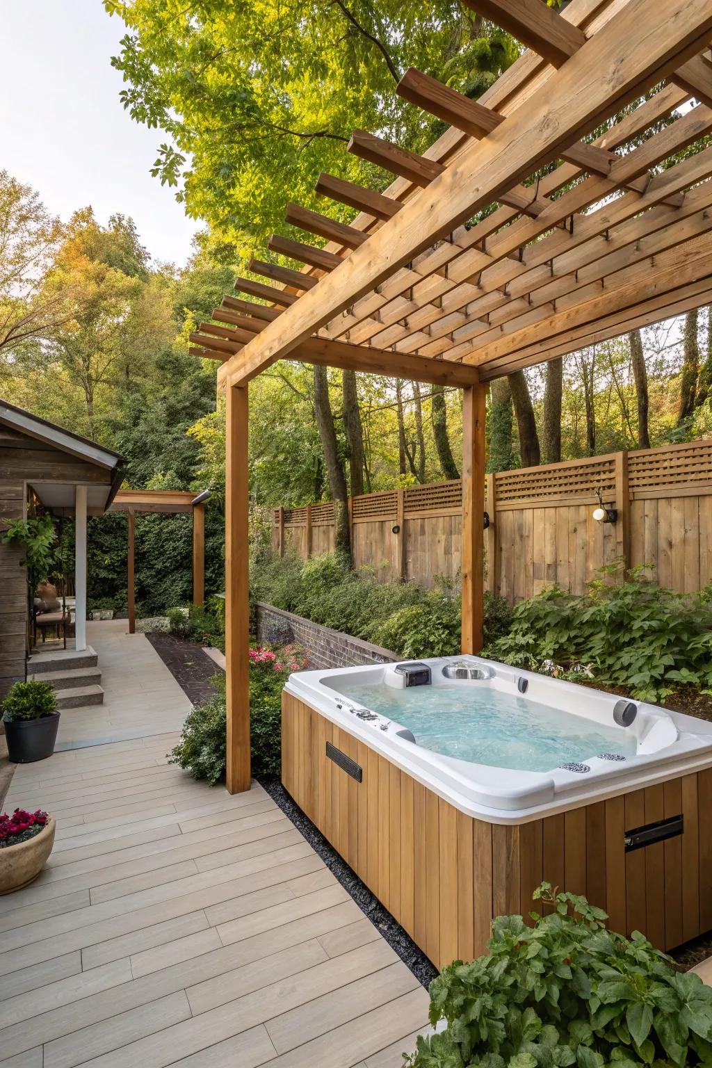 A wooden pergola adds warmth and charm to your swim spa.