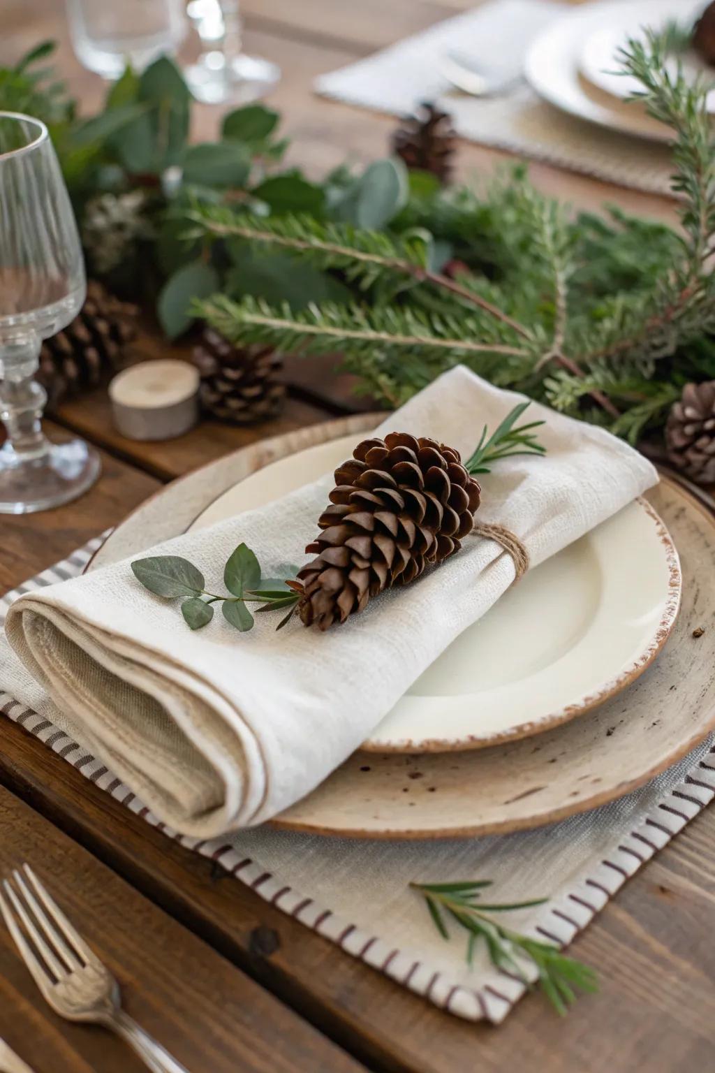 Rustic place setting complemented by a fir cone and some greenery.