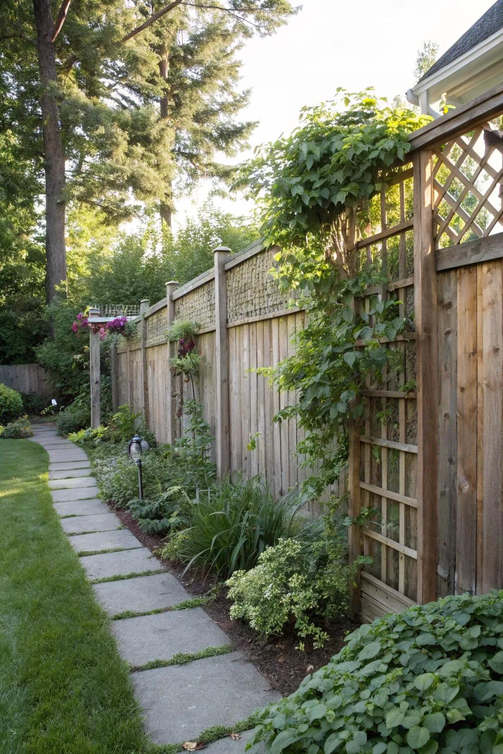 A tall wooden fence with trellises for added privacy and style.