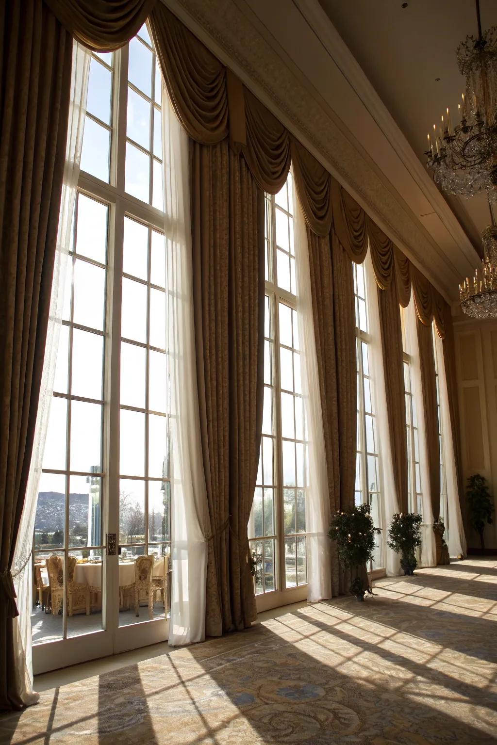 Elegant drapery that enhances the grandeur of tall windows.