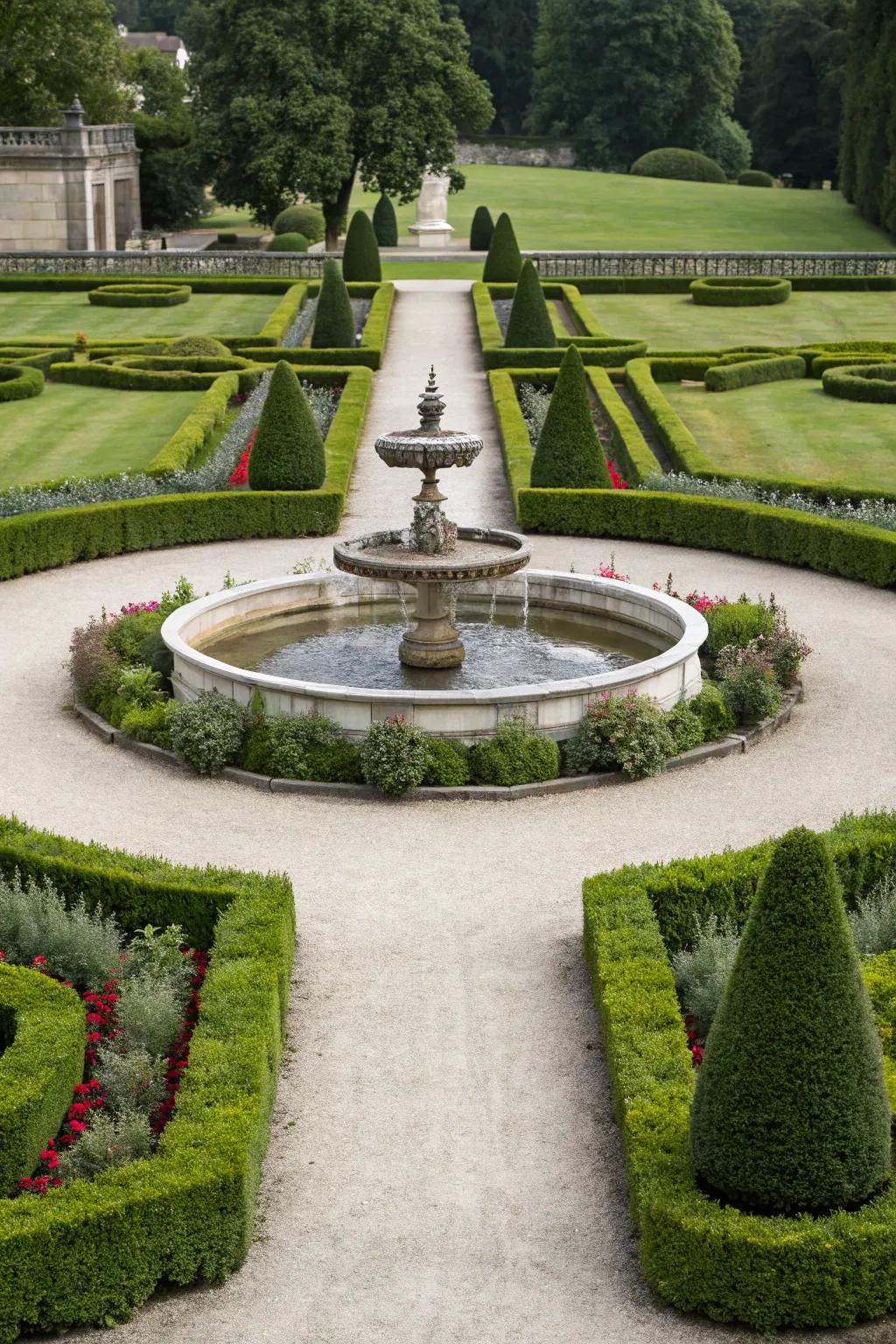 A formal setup showcasing evenly spaced hedges and a traditional stone water feature.
