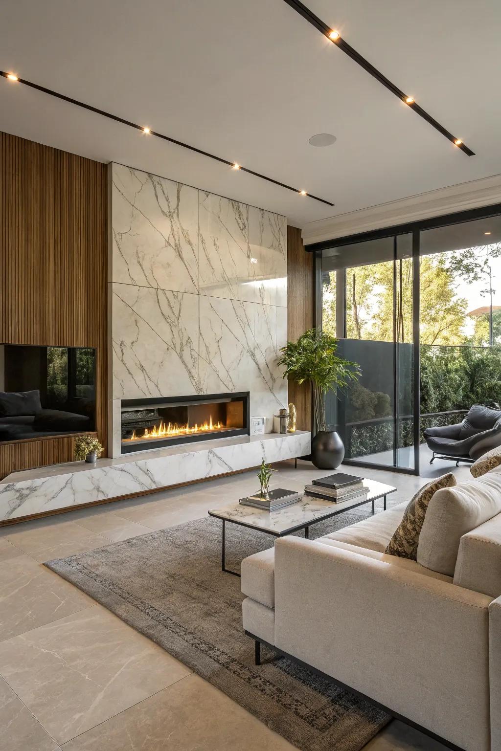 Sleek marble tiles create a modern focal point in this stylish living room.