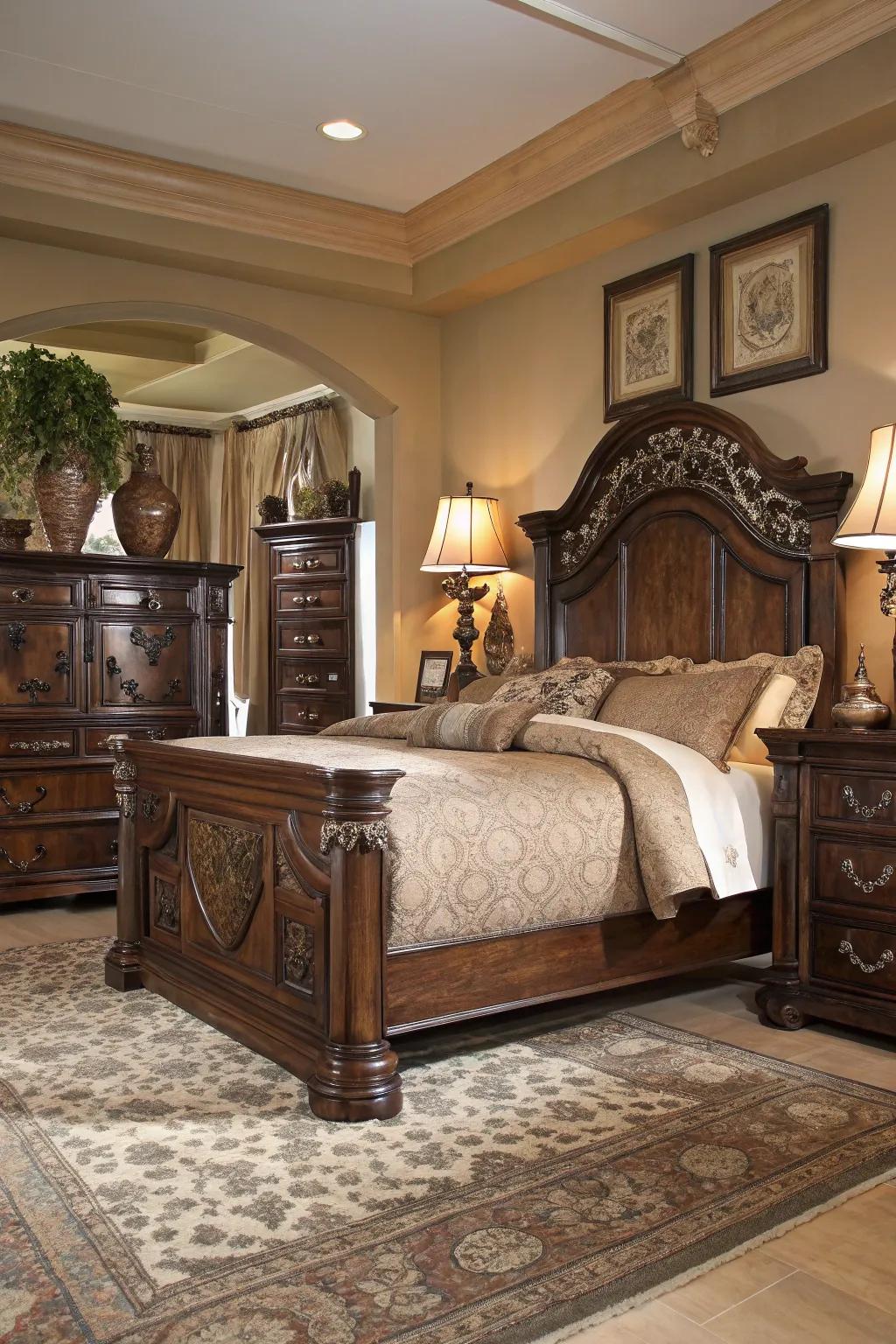 Rich wood furniture adds elegance and warmth to your bedroom.