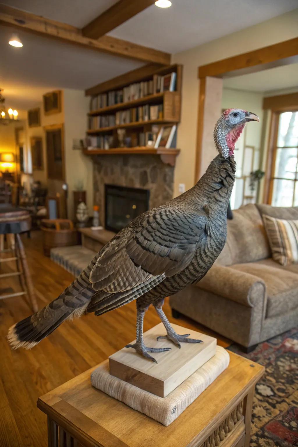 A full-body turkey mount elegantly posed in a rustic living space.