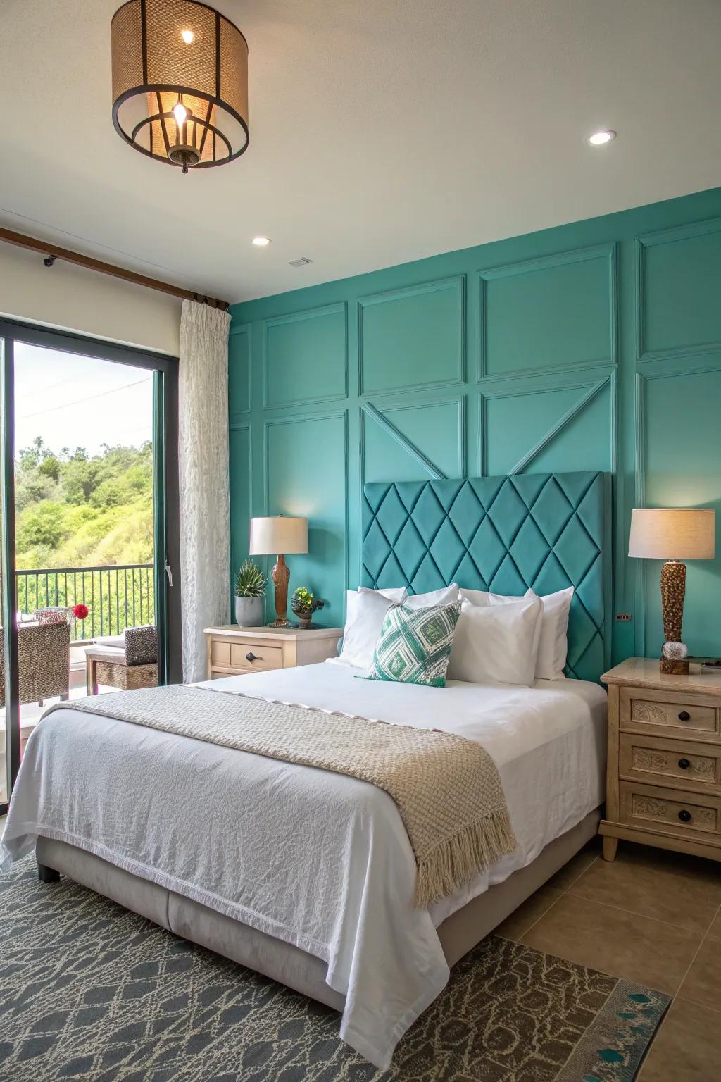 A turquoise statement wall gives a lively twist to this calm bedroom.