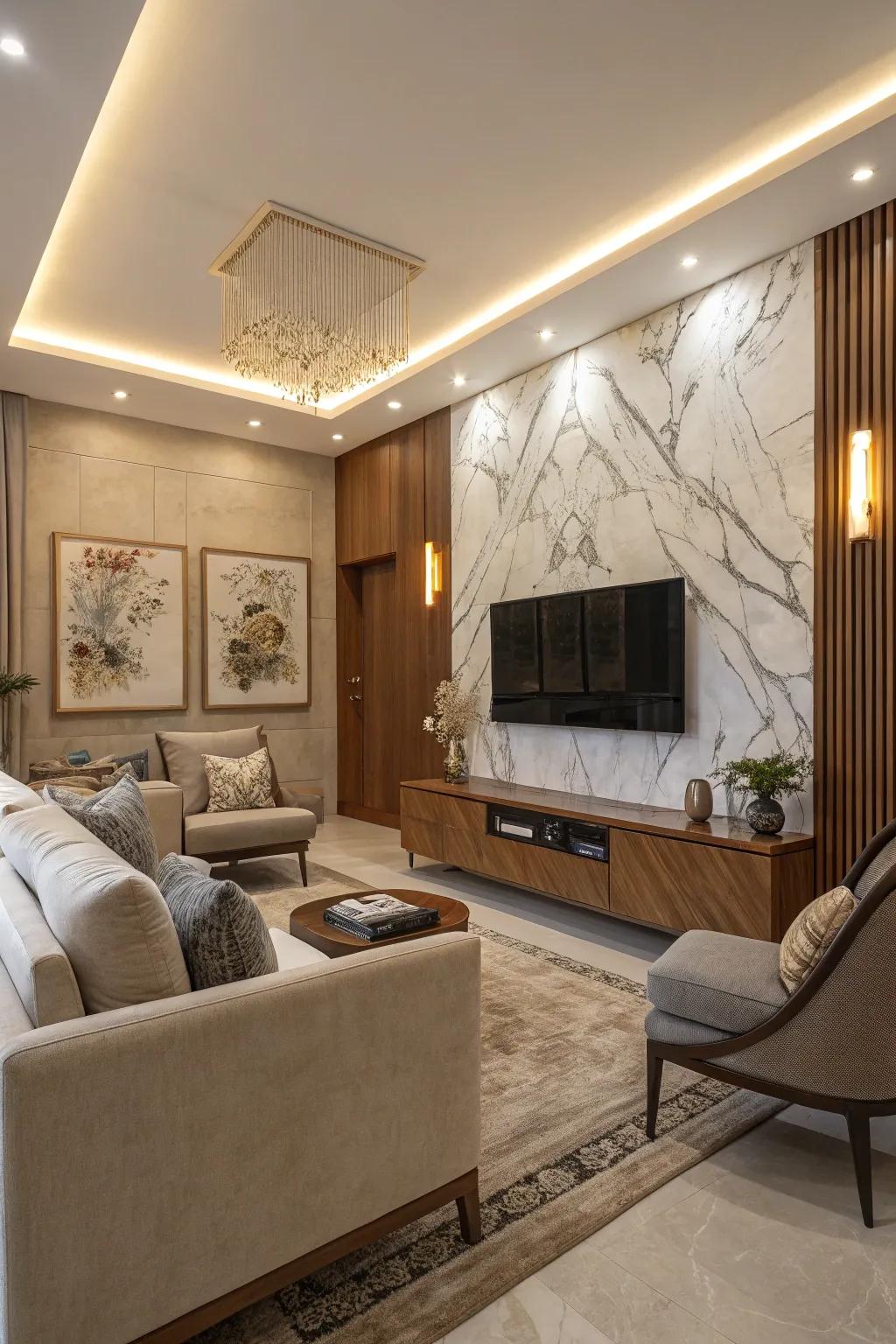 A chic TV accent wall combining marble and wood slats in a cozy living room setting.