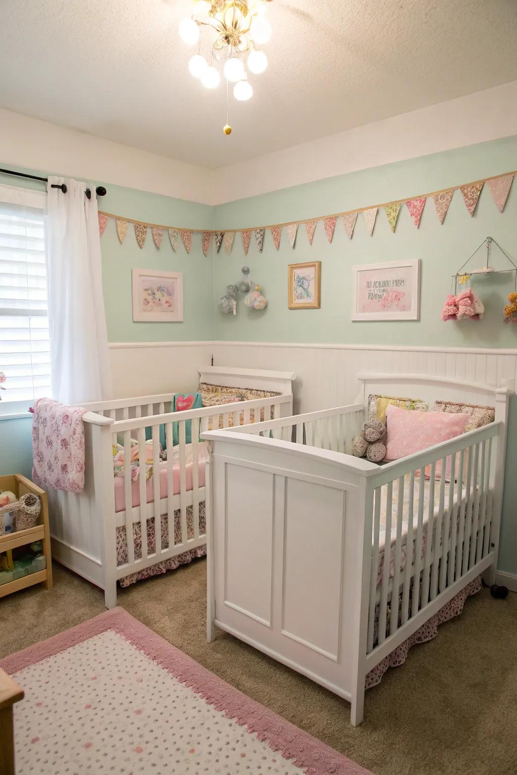 Symmetrical crib arrangement creates a balanced and organized nursery.