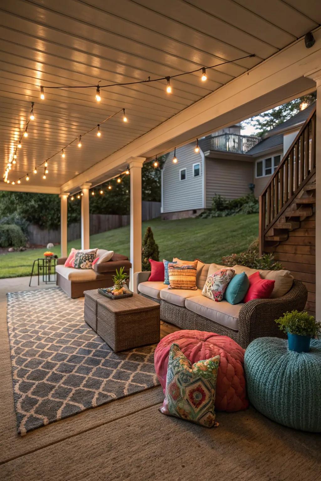 A tranquil lounge spot beneath the deck, adorned with comfortable seating and lively decor.