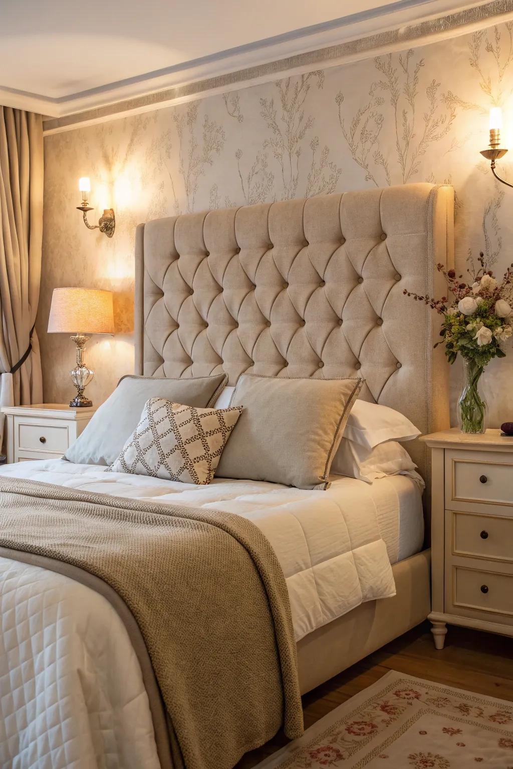 A classic tufted headboard brings elegance to this serene bedroom.