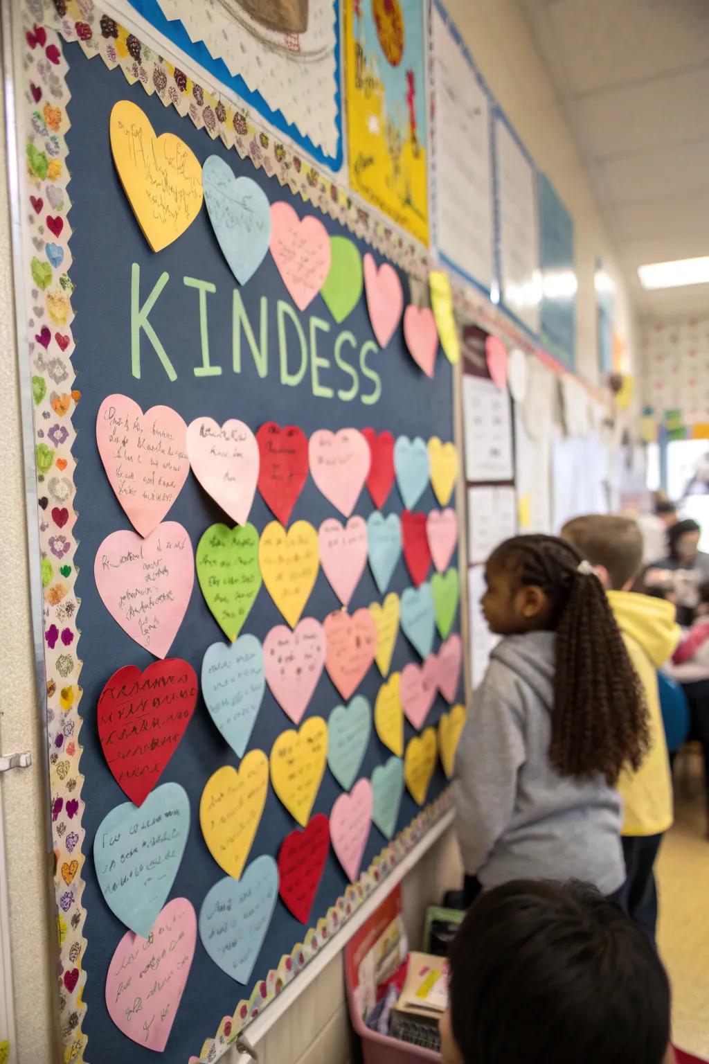 A bulletin board bursting with heartfelt messages written on heart-shaped notes.