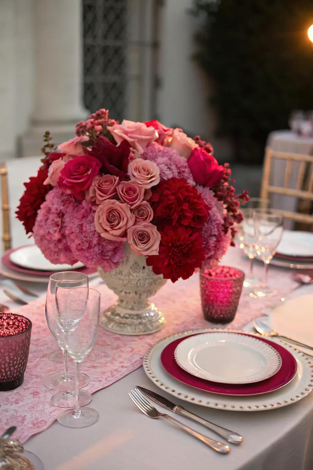 A gorgeous gradient floral centerpiece perfectly complements a romantic dining atmosphere.