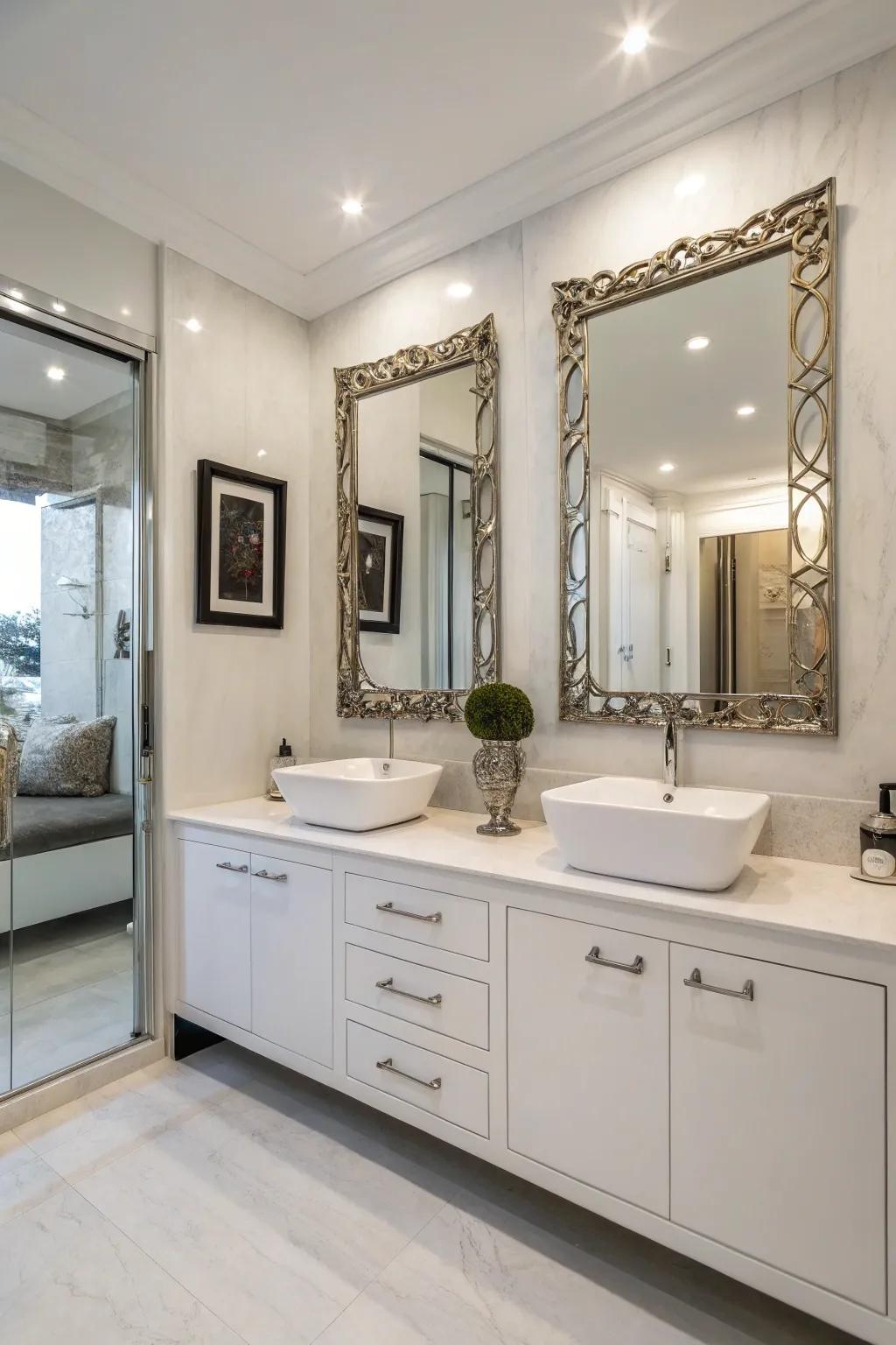 A stylish bathroom vanity featuring double sinks and generous storage.