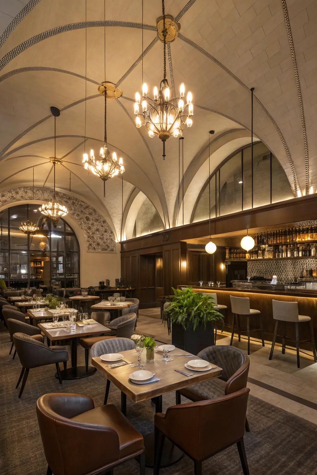 Pendant lights bring a sense of refinement and draw attention to the high ceiling.