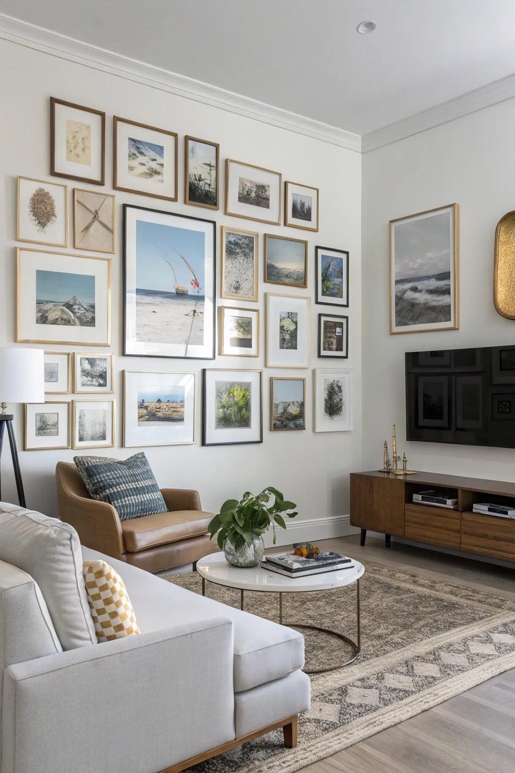 A gallery wall with varied frame sizes creating visual interest