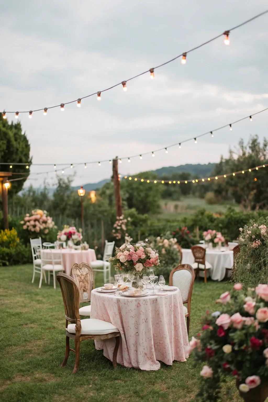 An attractive vintage garden gathering adorned with light strands and flowery highlights.