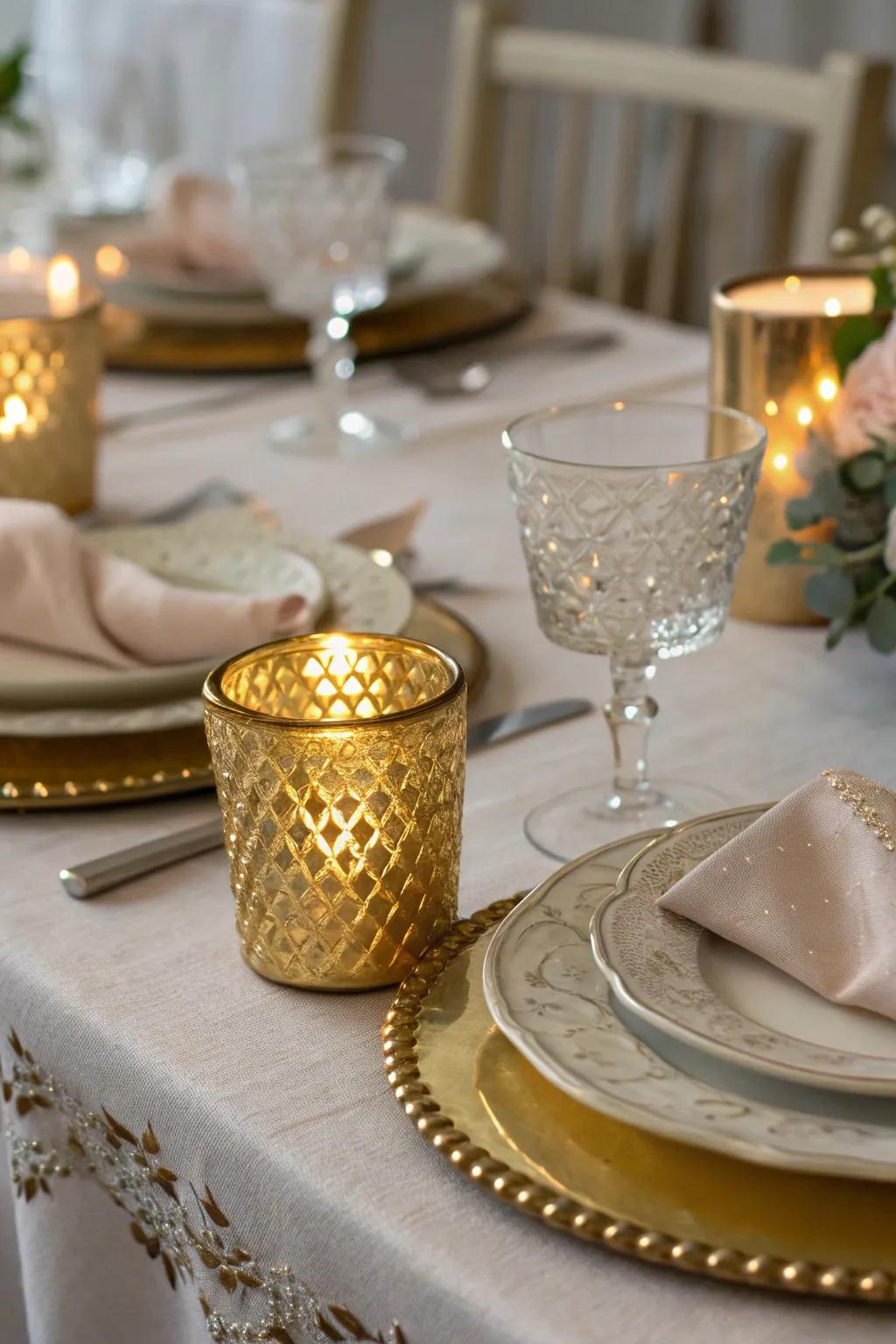 Golden votive holders add a luxurious touch to any table setting.