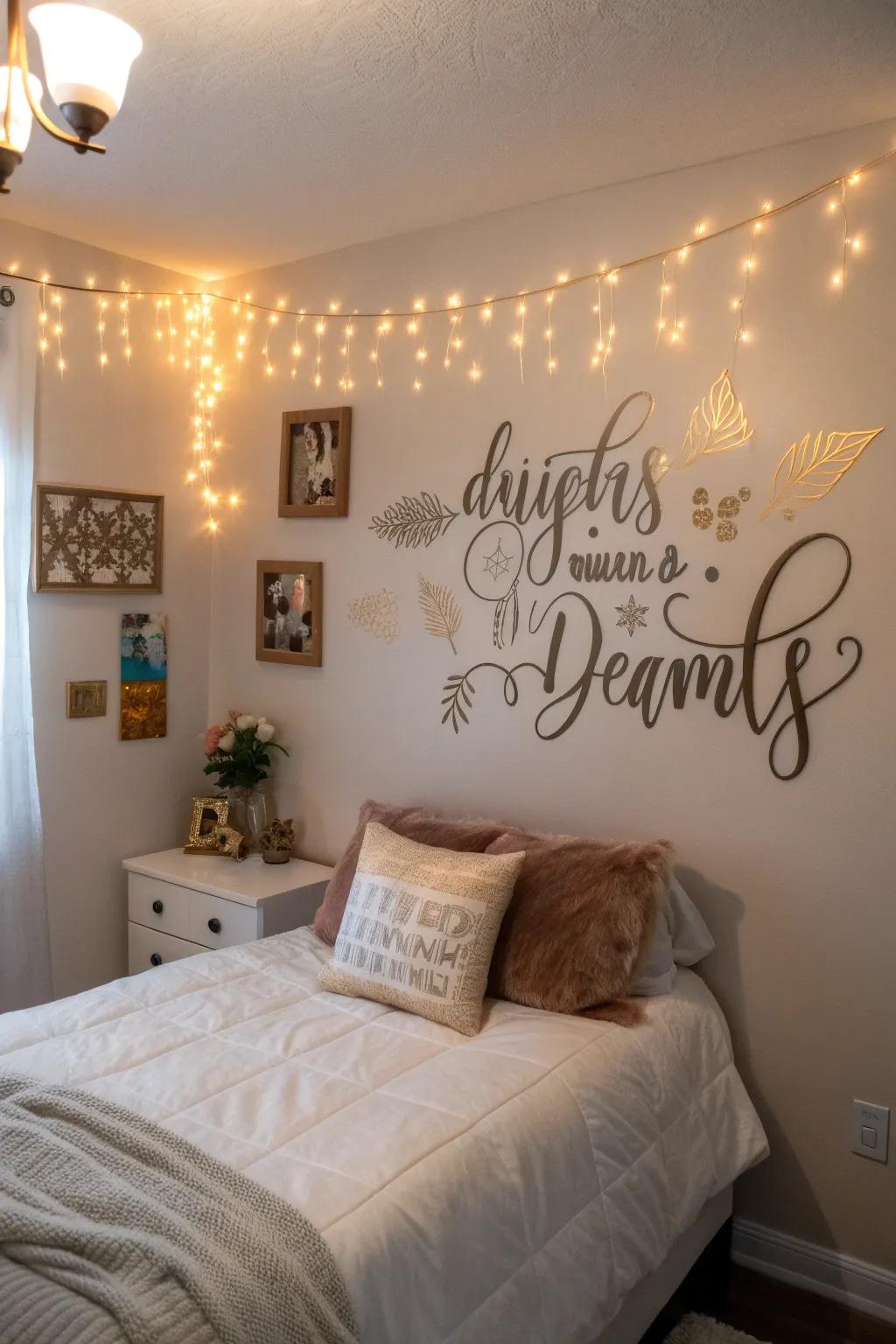 Bedroom wall adorned with elegant quote decals, inspiring a positive start to the day.