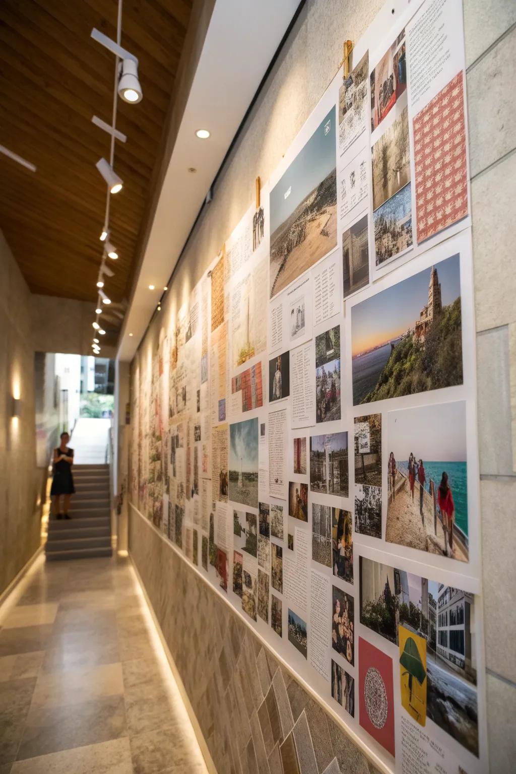 A carefully arranged collage wall brings personality and narrative to the room.